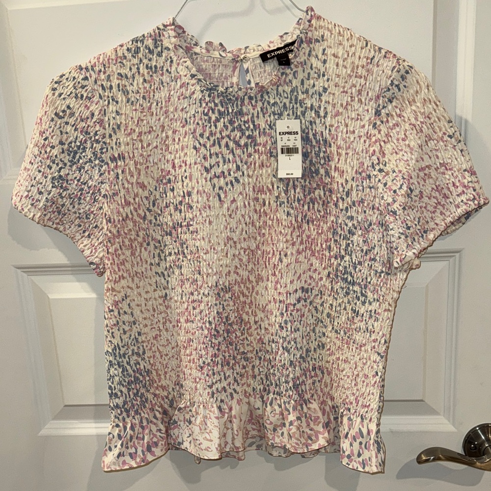 Express Women's Pink and Blue Smocked Blouse